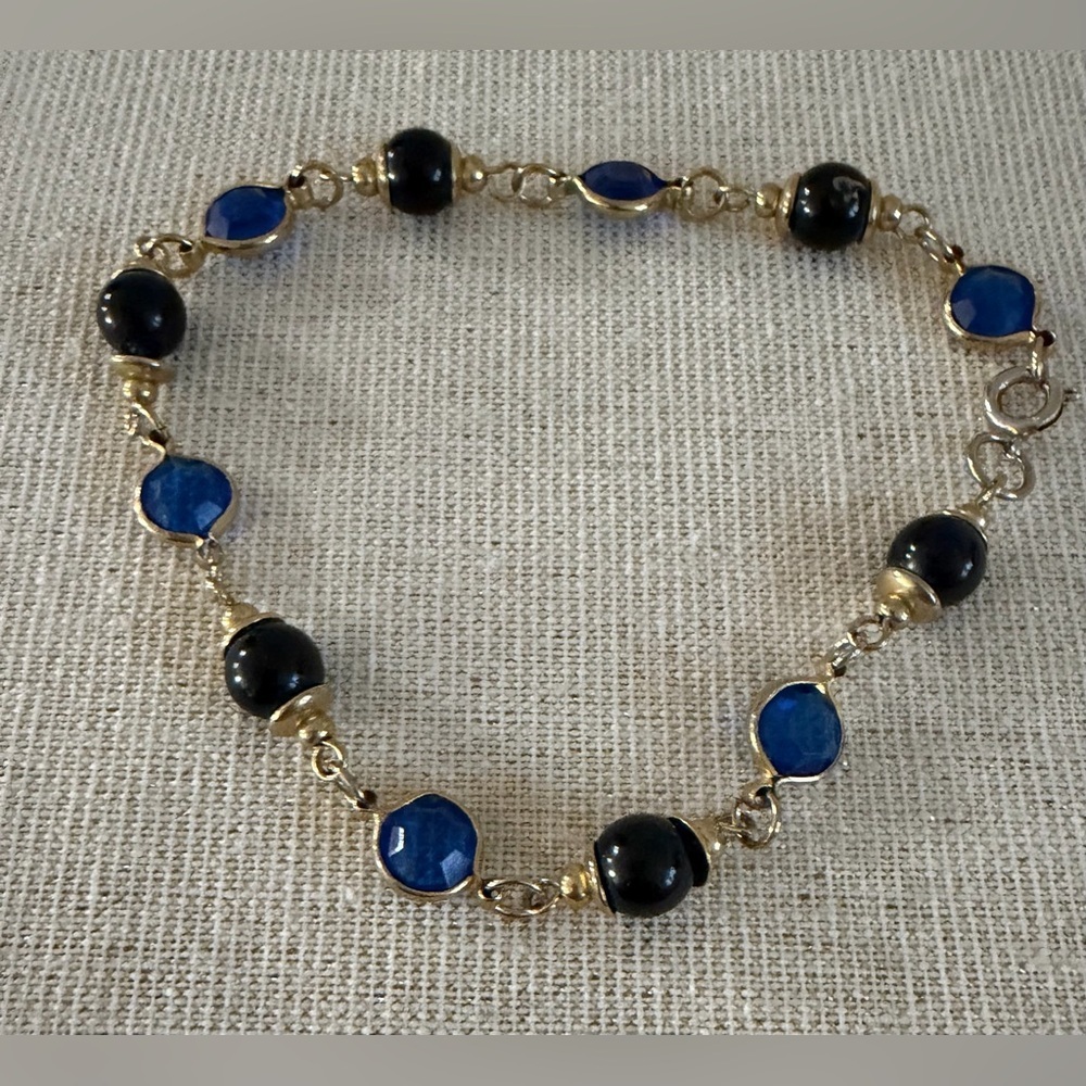 Gold-Tone Blue and Black Beaded Bracelet